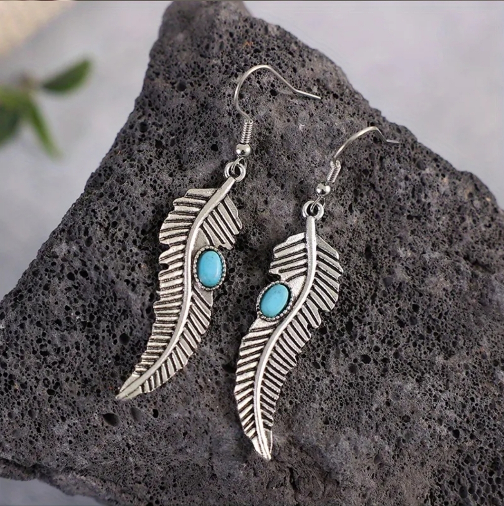Turquoise Decor Feather Dangle Drop Earrings Vint… - image 2